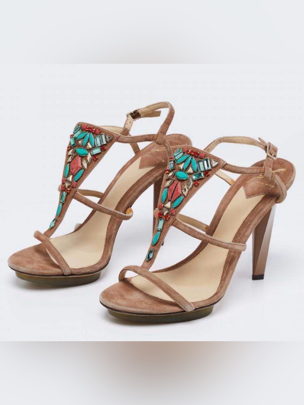 Brian Atwood Embellished Taupe Suede T-Strap High Heels size 9